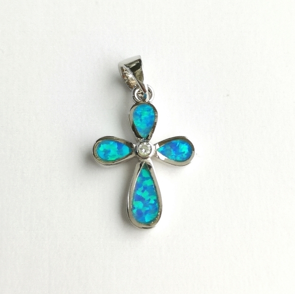 Blue opal cross pendant for necklace with cz accent in Sterling Silver 🆕 - Picture 1 of 5